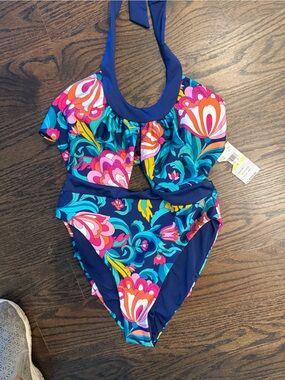 Trina Turk super Cute Navy Floral Halter One-Piece Swimsuit